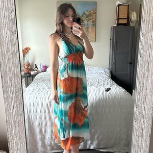 Y2K orange and teal summer dress with adjustable straps